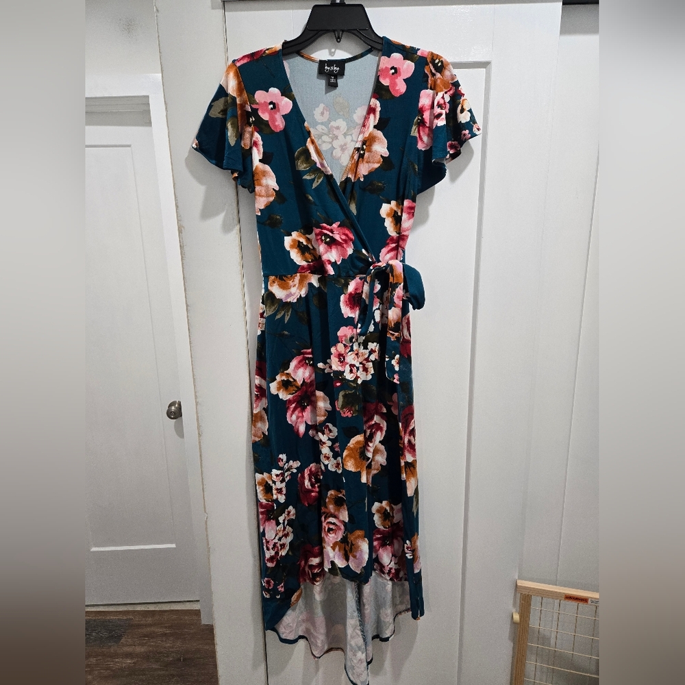 Blue floral wrap dress